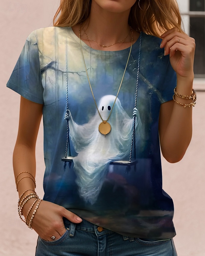 Halloween Damen T Shirt Grafik Schädel Halloween Vintage Stilvoll Klassisch Kurzarm Rundhalsausschnitt Normale Oberteile Täglich Wochenende Druck Schwarz Rote Leicht Braun Blau Orange Herbst Winter 2025 - $22.99 –P6