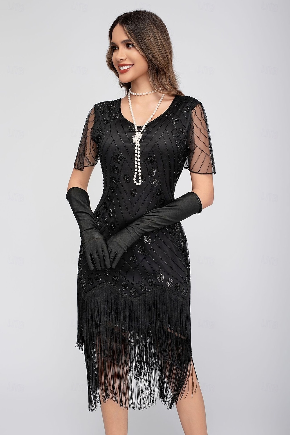 Rugido 20s 1920s Hasta la Rodilla Vestido Flapper Mangas cortas El gran Gatsby Chica de la aleta Lentejuelas Franja Funda Columna Escote en Pico Disfraz Mujer Navidad Carnaval Fiesta de Noche Boda 2026 - $46.99 –P4
