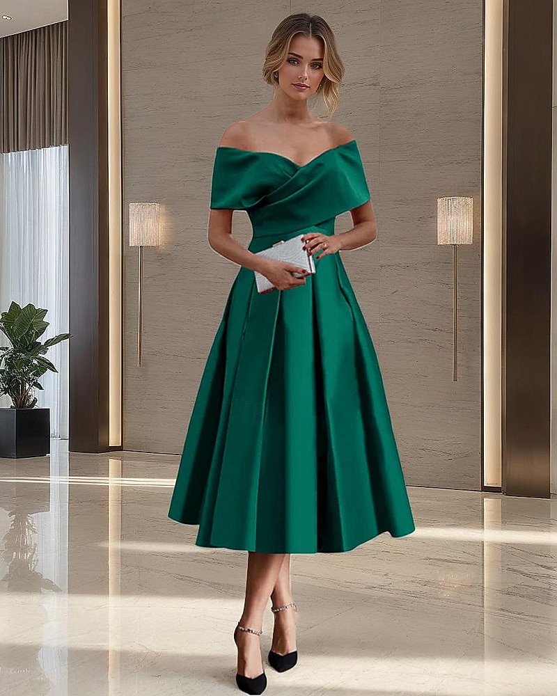 Linha A Longuette Vestidos de cocktail Vestidos de festa Elegante Sem Manga Ombro a Ombro Formal Casamento Cetim Elástico com Pregas Franzido de 2025 por $139.99 –P1