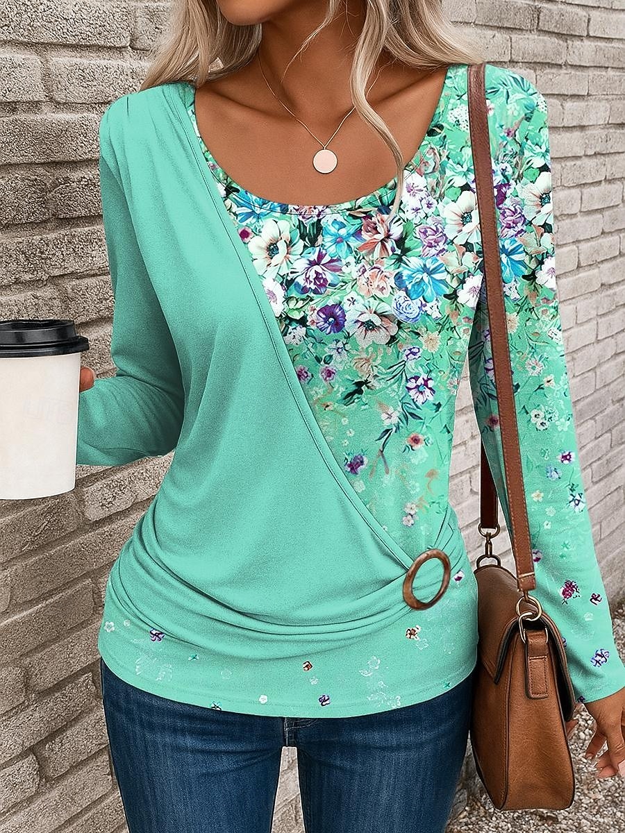 Femmes T-shirt Fleuri Graphique ancien Élégant Occasionnel manche longue Col ras du cou Hauts Réguliers Quotidien Patchwork Imprimé Jaune Rose Claire Bleu Violet Vert Automne Hiver de 2025 ? $24.99 –P4