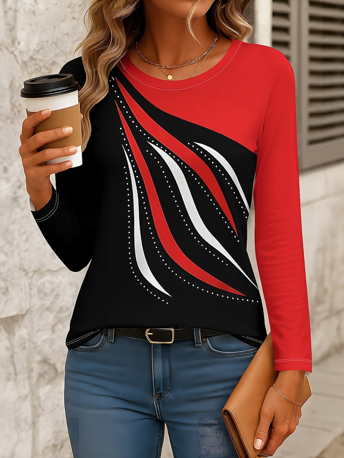 Γυναικεία Μπλουζάκι Στάμπα Γραφική Γεωμετρικό Αφηρημένο Βίντατζ Μοντέρνα Στυλάτο Μακρυμάνικο Στρογγυλή Ψηλή Λαιμόκοψη Στρογγυλή Λαιμόκοψη Κανονικά μπλουζάκια Καθημερινά 2026 - $24.99 –P1