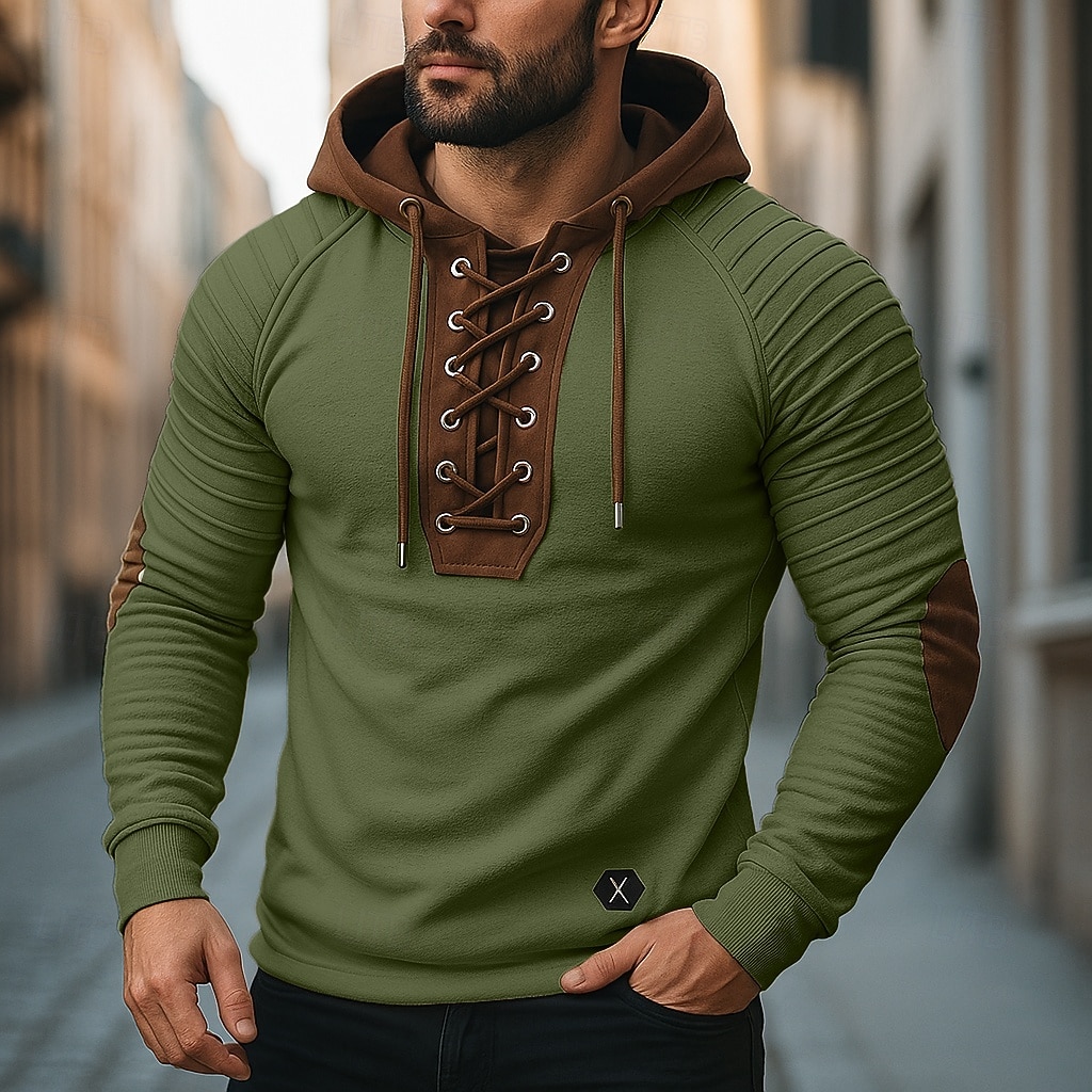 Herren T Shirt T-Shirt Langarmshirt Langarm Mit Kapuze Herbst Frühling & Herbst Farbblock Schmale Falten Mode Designer Basic Schnürung Patchwork Urlaub Straße Lässig Schwarz Armeegrün Beige Top 2025 - $25.99 –P11
