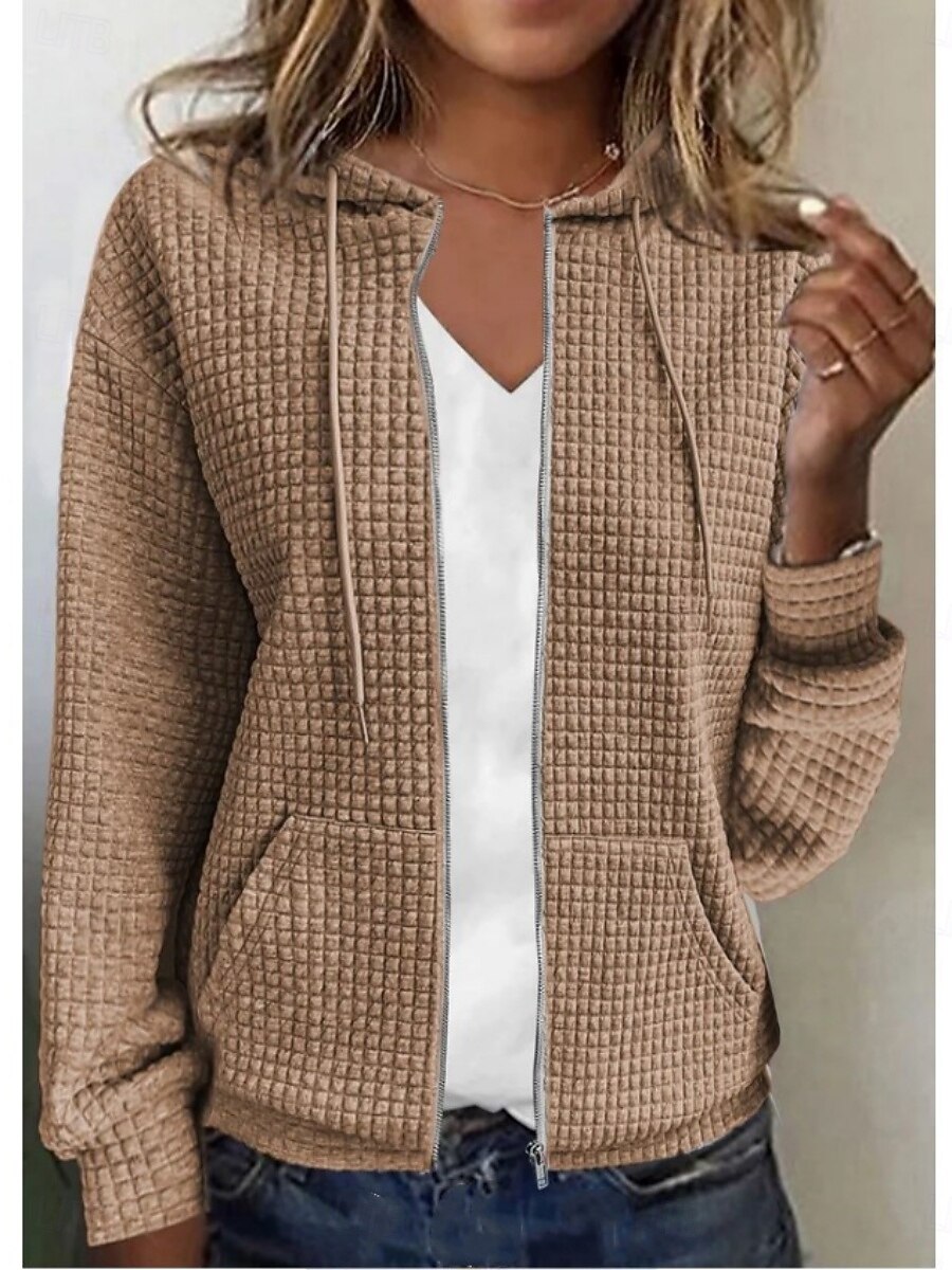 Women's Casual Jacket Hoodie Jacket Comfortable Breathable Zipper Pocket Full Zip Casual Plain Vacation Street Casual Daily Wear Zipper Regular Hooded Regular Fit Long Sleeve Outerwear Black White 2026 - $34.99 –P6