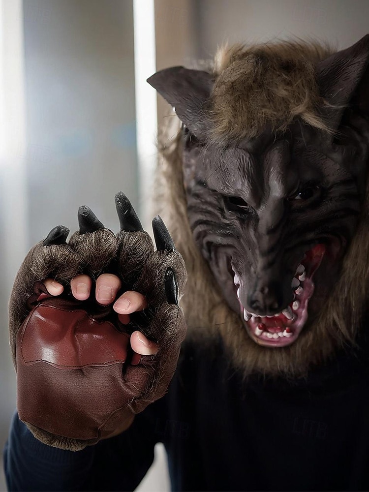 Werwolf-Krallenhandschuhe für Herren – Halloween-Handschuhe aus Kunstpelz und Leder mit spitzen Krallen, perfekt für Halloween-Kostüme und Partys 2025 - $14.99 –P1