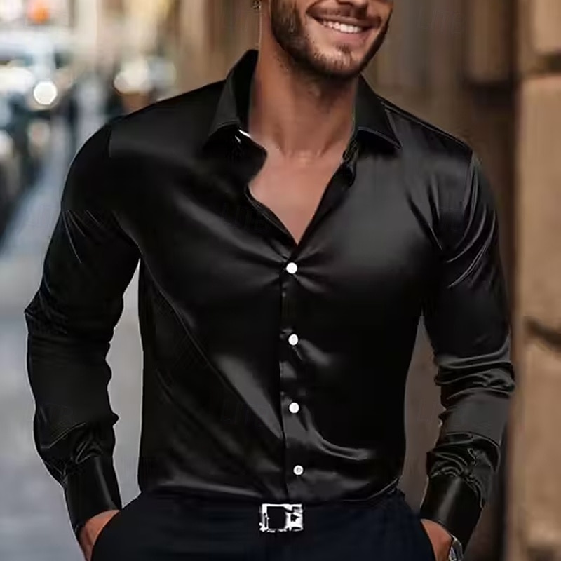 Herren Hemd Satinhemd Kleidhemd Freizeithemd Knopfhemd Einfach Formell Hochzeit Schwarz Blau Dunkelviolett Langarm Revers Frühling & Herbst Ganzjahres Bekleidung 2025 - $23.99 –P3