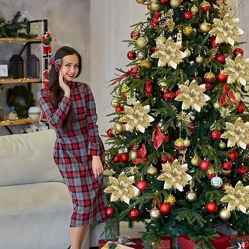 20 искусственных рождественских цветов пуансеттии с двухслойной розовой окантовкой, 5,9 дюйма, сверкающие рождественские цветочные украшения для венков, рождественской елки, свадеб и праздничного 2025 - $19.99 –P2