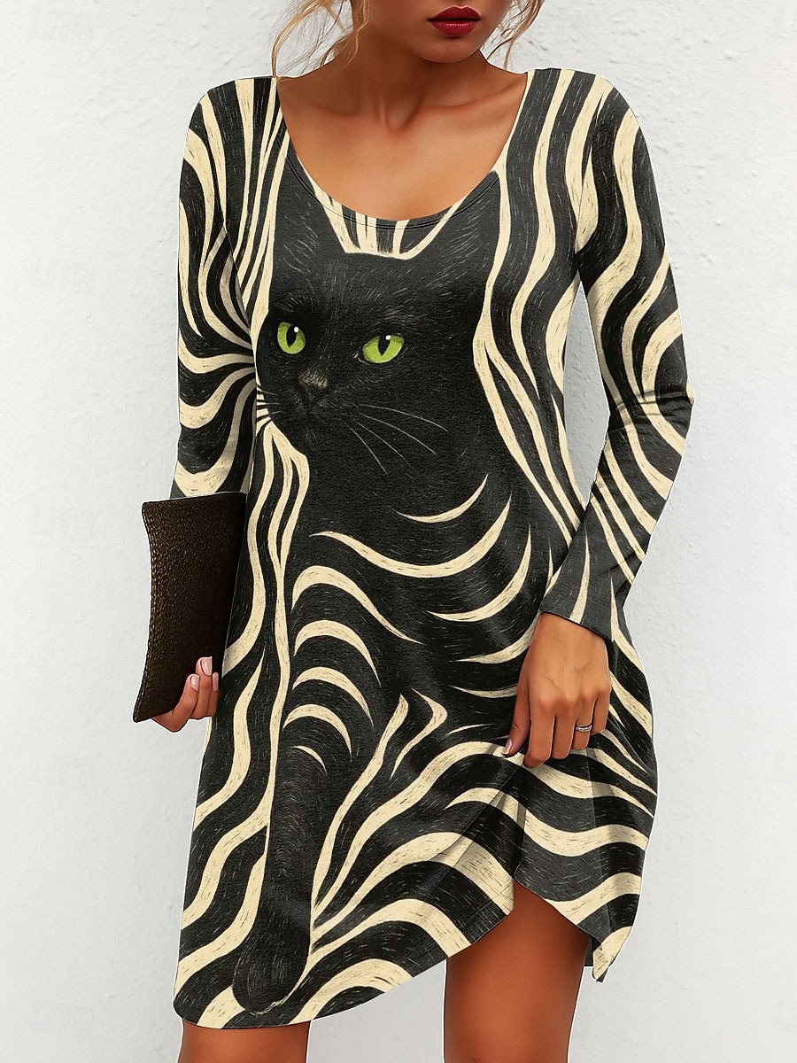 Frauen Mini Kleid Rundhalsausschnitt Lange Ärmel T-Shirt Kleid Tee Kleid A-Linien Kleid Lässig Täglich Ausgehen Reguläre Passform Grafik Tier Geometrisch Blau Lila Grün Beige Herbst Winter 2025 - $23.99 –P1