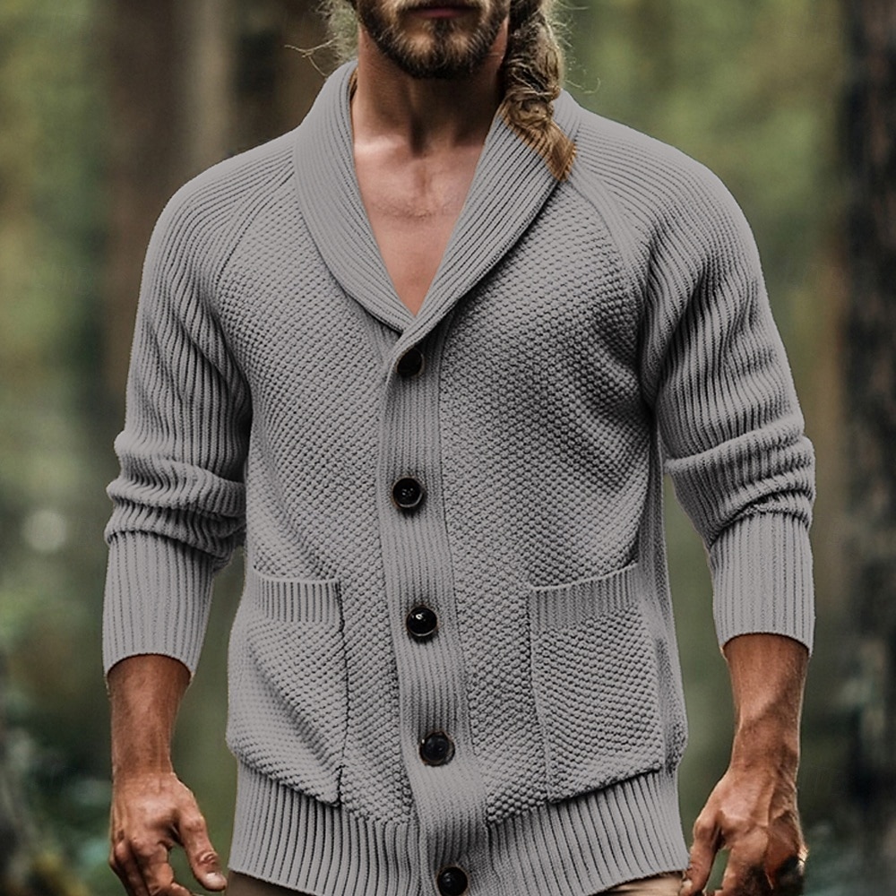 Herren Strickjacke Kurzer Pullover Strickpullover Gerippt Kurz gestrickt Stricken Normale Oberteile Tasche Einfarbig Schalkragen Mode Klassisch Urlaub Alltagskleidung Bekleidung Herbst Winter grau 2025 - $40.99 –P5