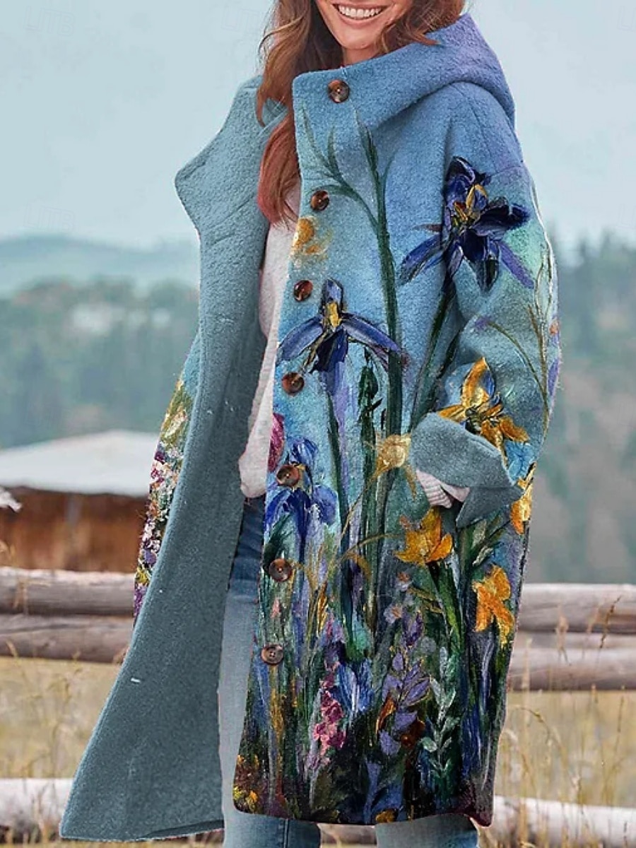 Dame Vinterjakke Fleece-jakke Frakk Hold Varm Pustende Lomme Knapper Trykt mønster Aktiv Daglig Fritid Blomstret Feriereise Gate Daglig Enkeltkneppet Lang Hettegenser Normal Langermet Yttertøy Gul 2025 - $46.99 –P5