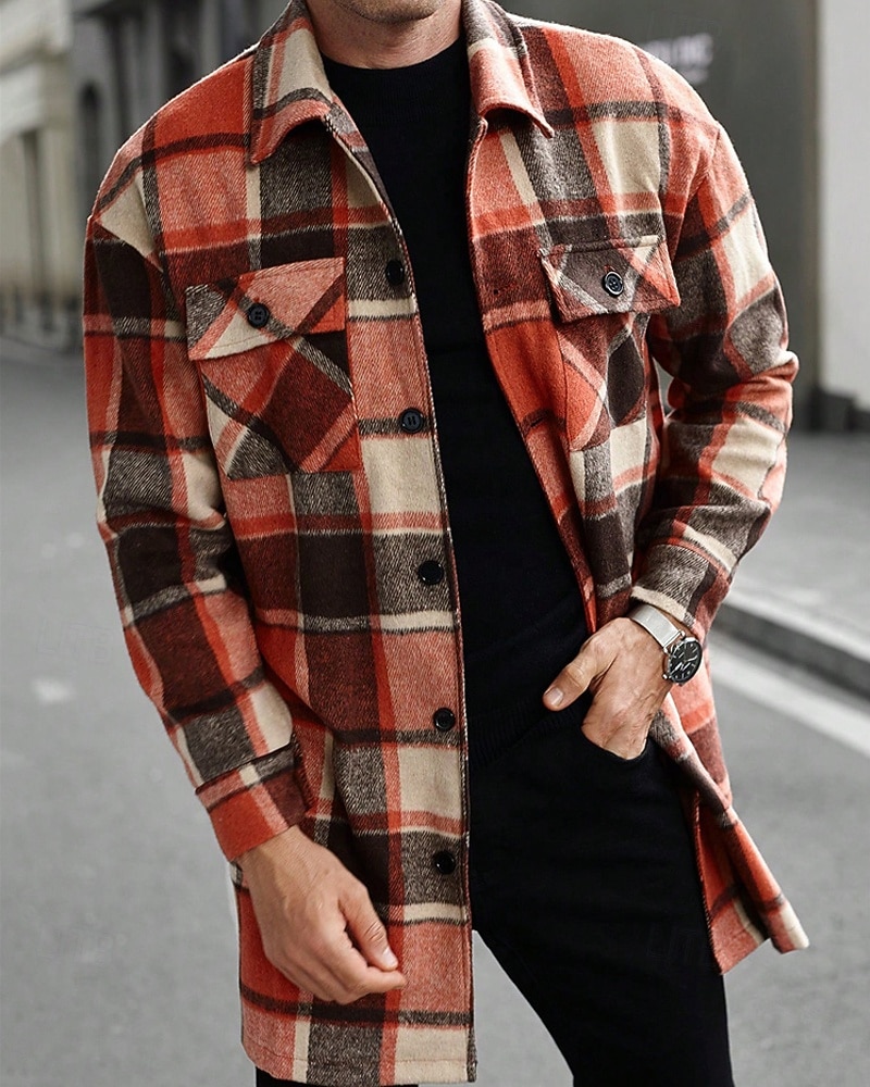 Herren Leichte Jacke Hemdjacke Freizeitjacke Jacke-Shirt Urlaub Täglich Thermowarm Tasche Frühling Herbst Karomuster Mode Klassisch Revers Regulär Schwarz Wein Orange Khaki Armeegrün Jacken 2025 - $42.99 –P1