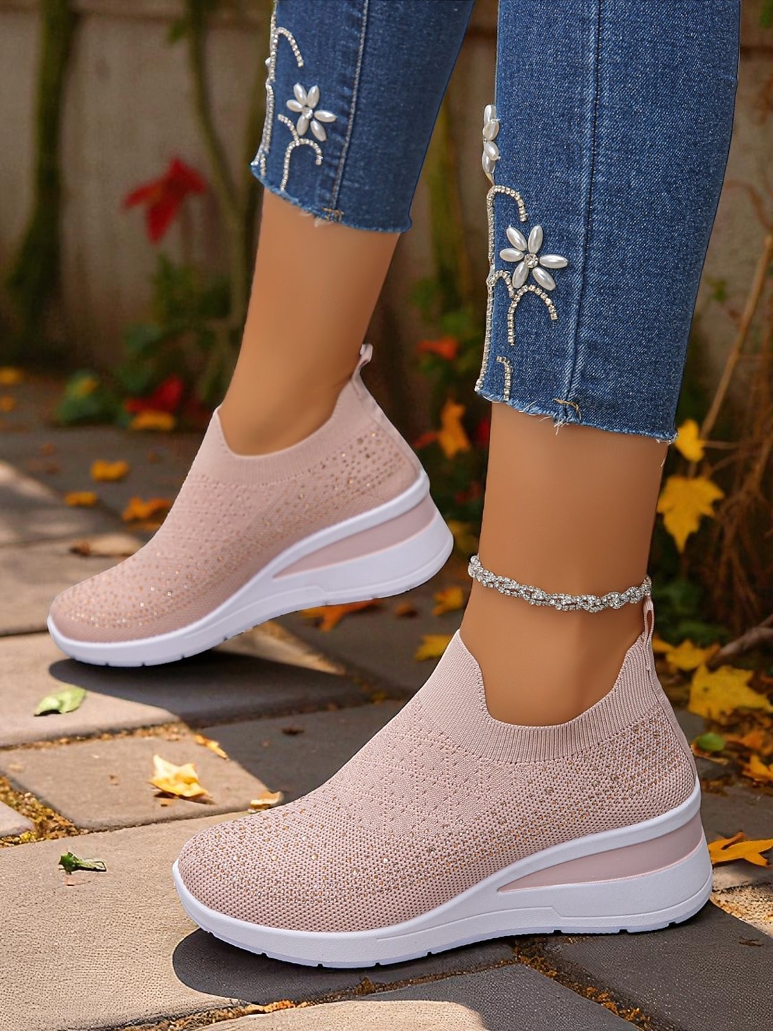 Pinke Flyknit-Slip-On-Sneaker mit Strasssteinen für Damen – atmungsaktive, leichte Keilschuhe zum Spazierengehen, für Fitness und den lässigen Alltag 2025 - $24.99 –P3