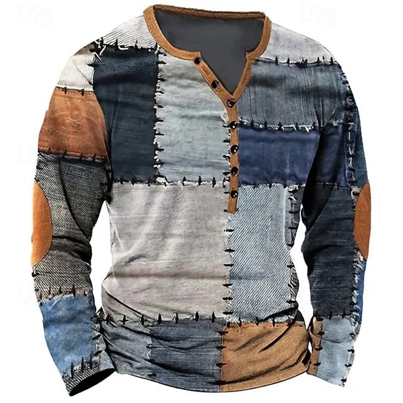 Homme Patchwork T-shirt Chemise Henley manche longue ancien Designer Élégant Extérieur Occasionnel Quotidien Printemps & Été Toutes saisons Violet Vert Kaki Café Gris Henley T-shirt Henley de 2025 ? $10.49 –P1