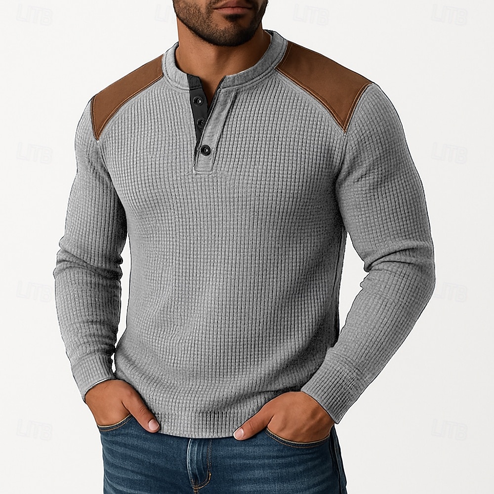 Herren Waffel-Henley-Hemd T-Shirt Langarm Henley Herbst Frühling & Herbst Farbblock Mode Designer Basic Patchwork Urlaub Straße Lässig Schwarz Weiß Burgunderrot Top T-Shirt für Herren 2025 - $20.99 –P3