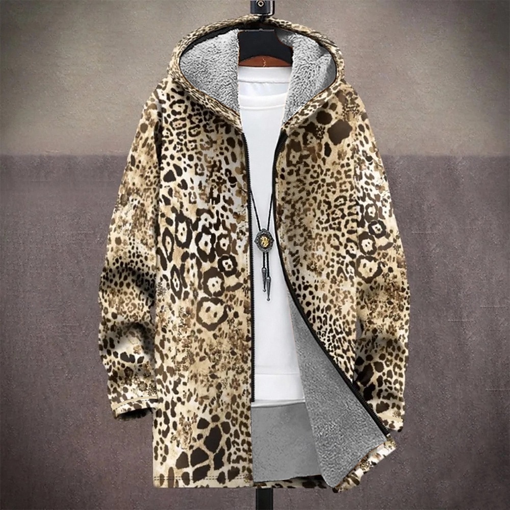 Herre Leopardprint Vinterfrakk Fleece-jakke Frakk Hold Varm Bekvem Fritid Dagligdagstøy Glidelås Lomme 3D-utskrift Høst Vinter Med hette Langermet Brun 2025 - $54.99 –P2