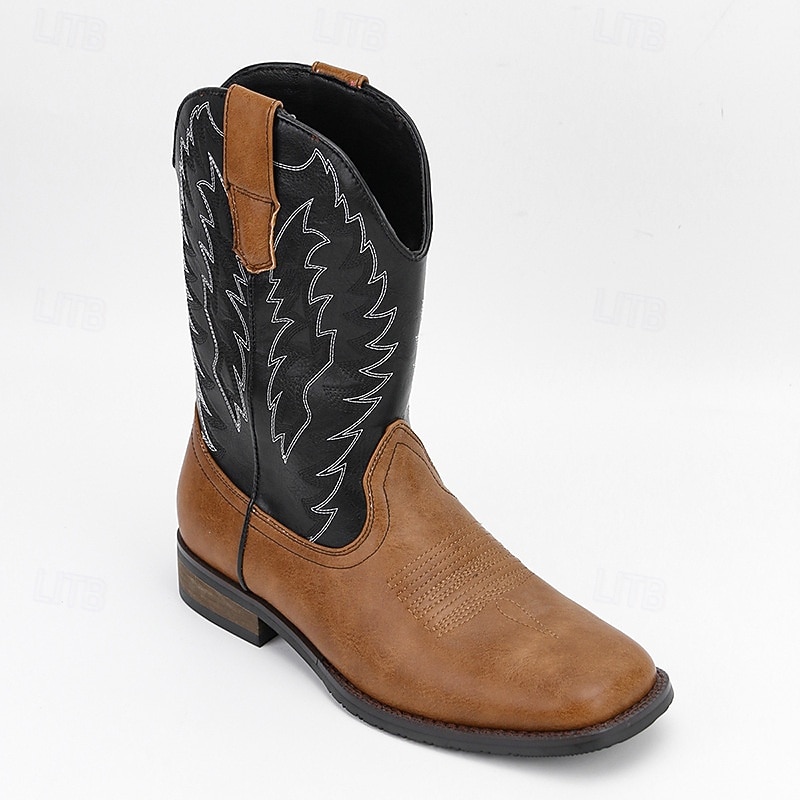herr western cowboystövlar med fyrkantig tå slip-on halvhög vad ridstövlar avslappnade lantliga skor för dagligt bruk 2026 - $79.99 –P2