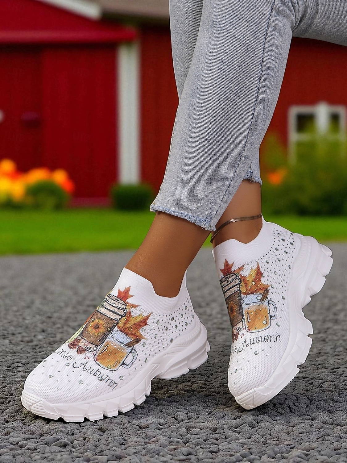 Dámské flyknit nazouvací tenisky s podzimním potiskem dýňově-kávové – lehké ležérní podzimní vycházkové boty na Halloween a Dožínky 2025 - $26.99 –P2