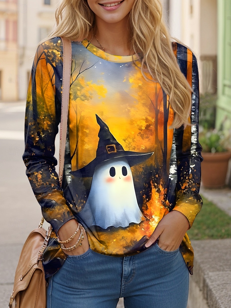 Halloween Női Póló Hosszú Ujjú Kerek Nyakú Hosszú Ujjú Tunika Grafikus Szellem Vintage Stílusos Klasszikus Normál Felsők Napi Hétvégi Nyomtatás Kék Lila Zöld Tavasz Ősz Előnyár 2025 - $22.99 –P6