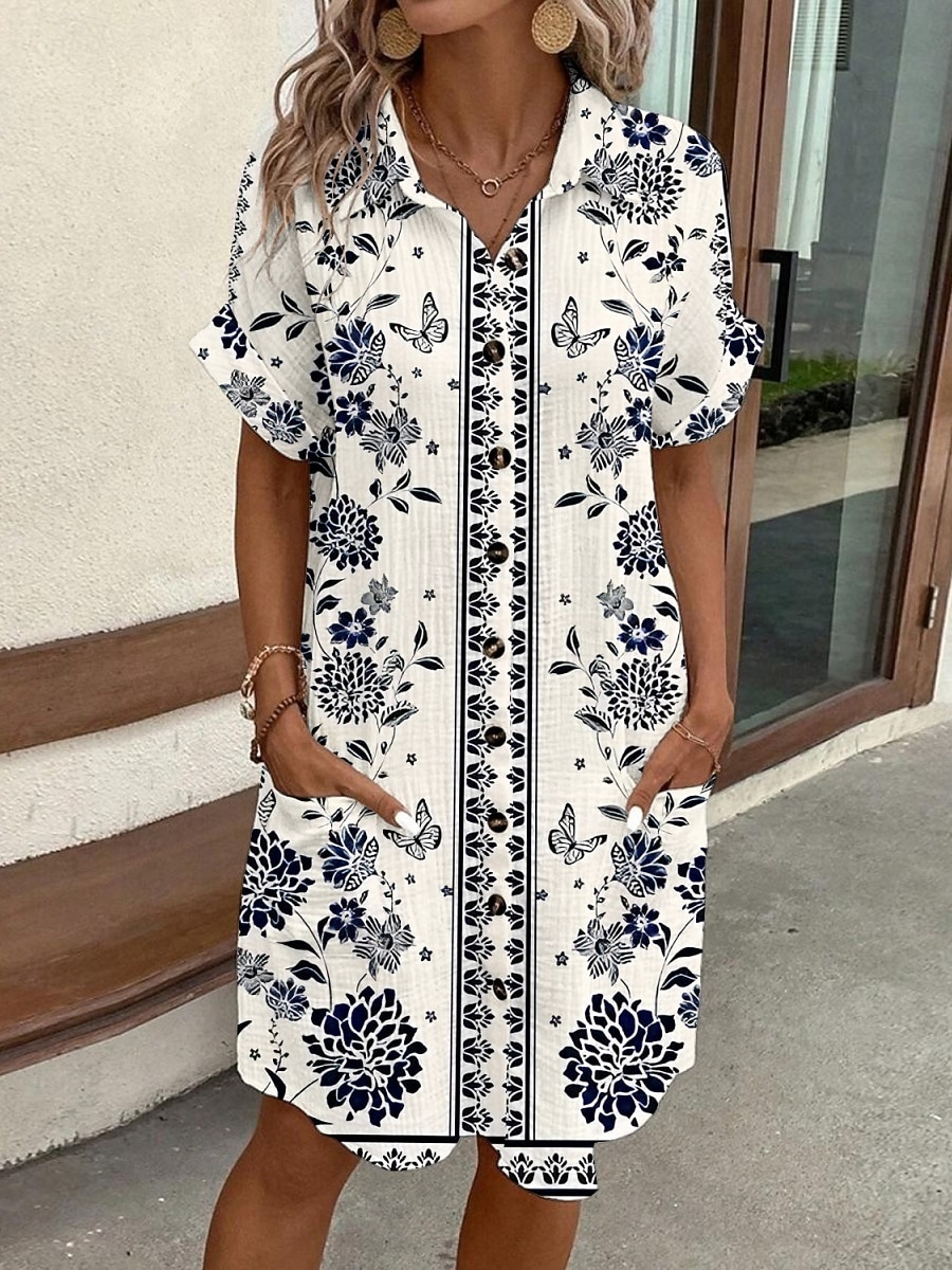 2026年 女性用 ミニドレス シャツドレス カジュアルドレス プリントドレス ファッション 近代の 日常 ビーチ 週末 レギュラー フラワー 半袖 シャツカラー ブルー 夏 春 秋  コレクション – $41.99 –P3
