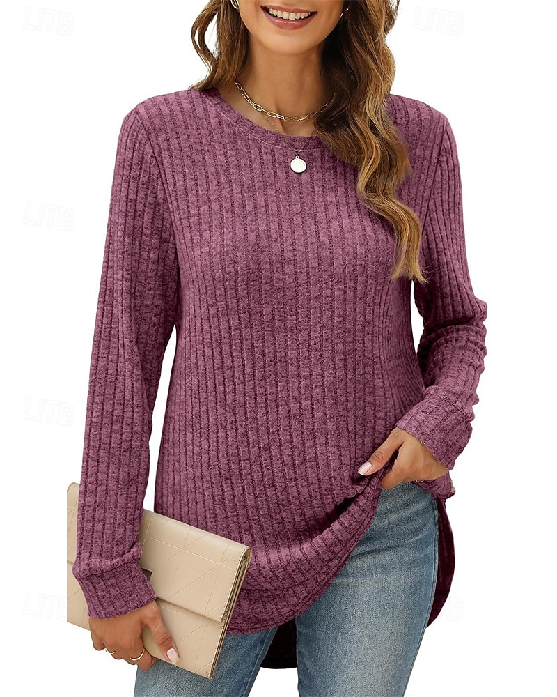Damen Textur Bluse T Shirt T-Shirt Einfach Mode Modern Langarm Rundhalsausschnitt Normale Oberteile Täglich Ausgehen Asymmetrisch Schwarz Wein Fuchsie Braun Grün Frühling Herbst 2025 - $21.99 –P18