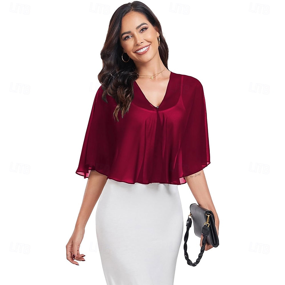 scialli e mantelle trasparenti per feste serali formali, mantelle in chiffon con scollo a V per donne, scialle per invitati a matrimoni del 2025 a $39.99 –P9
