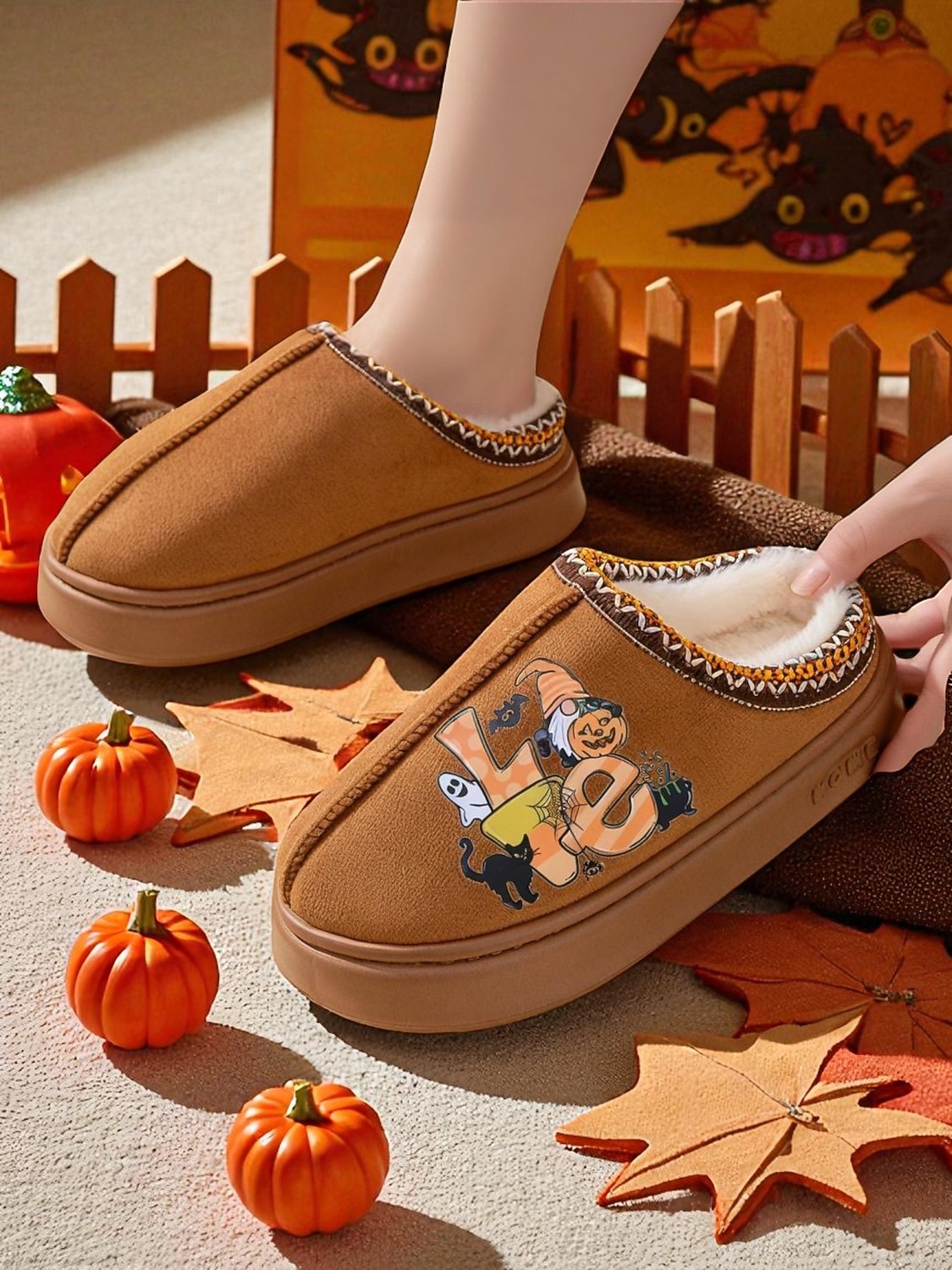 Chaussons d'Halloween doublés de polaire pour femmes - chaussures d'intérieur confortables avec imprimé citrouille de dessin animé, semelle antidérapante douce, style automne-hiver chaud pour la maison et les cadeaux de vacances de 2025 ? $18.99 –P2