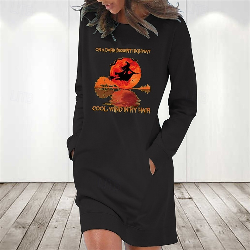 Damen Minikleid Sweatshirt-Kleid Freizeitkleid Mode Modern Halloween Täglich Wochenende Normale Passform Grafik Langarm Rundhalsausschnitt Schwarz Weiß Rote Khaki Frühling Herbst 2025 - $21.99 –P4