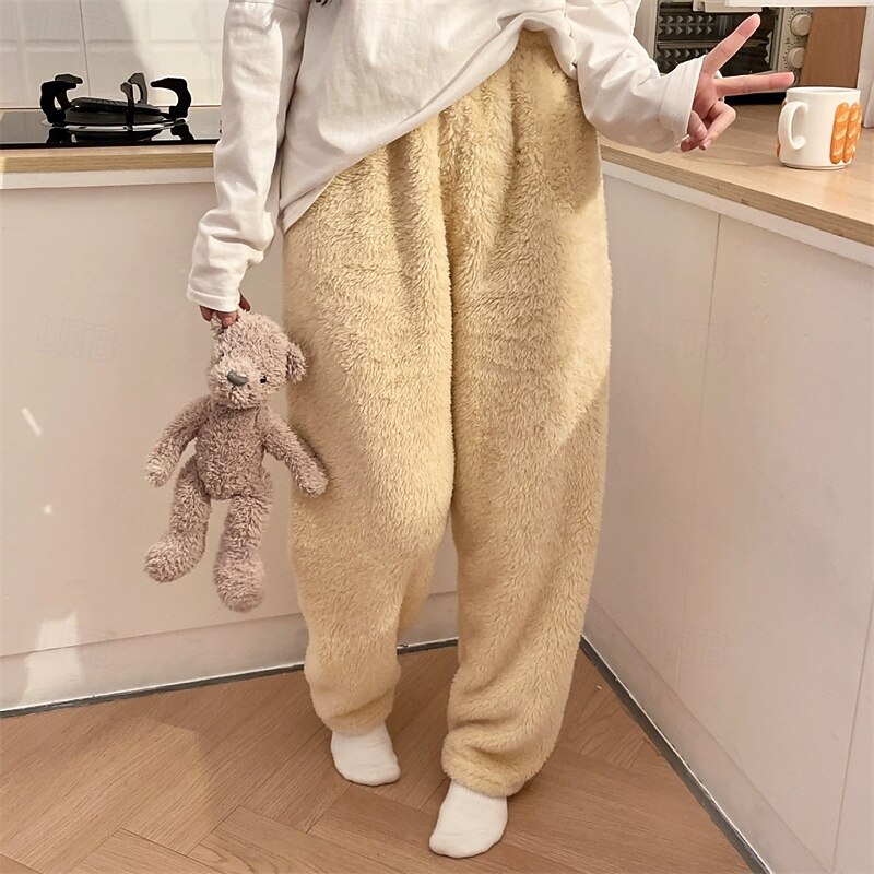 Women's Fleece Pants Slacks Straight Chino Plus velvet Full Length Natural Plain Elastic Waist Comfortable Home Casual Daily Dark Brown Pink Brown Green Winter Regular Fit 2025 - $20.99 –P5