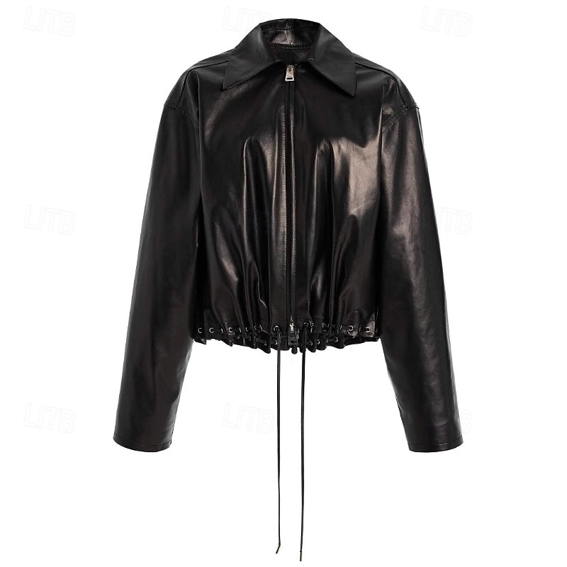 Women's Faux Leather Jacket Comfortable Zipper Pocket Fashion Outdoor Plain Street Holiday Zipper Regular Turndown Regular Fit Long Sleeve Outerwear Black Fall 2025 - $48.99 –P4