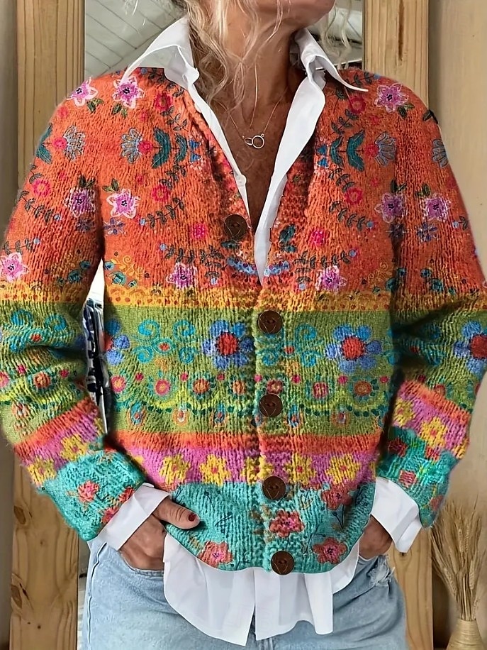 Damen Strickjacke Pullover Mit Wabenstruktur Knopfleiste Rundhalsausschnitt Langarm Leicht Elegant Vintage Blumengrafik Gestreift Knopfprint Strick Outdoor Wochenende Rosa Lila Herbst Winter 2025 - $31.99 –P1