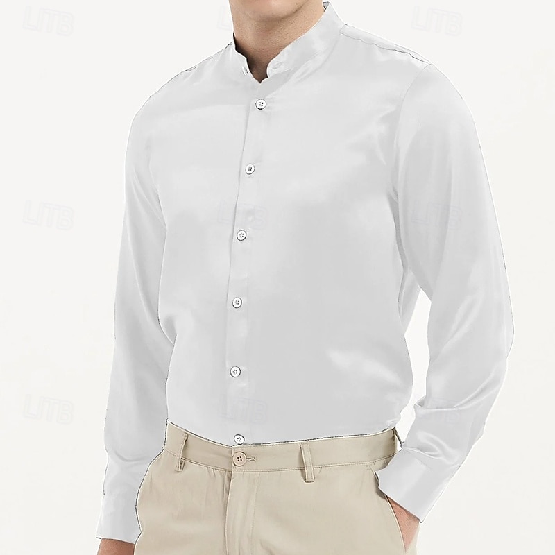 Per uomo Camicia Camicia con colletto alla coreana Come la seta Camicia in raso Camicia elegante Semplice Formale Matrimonio Nero Bianco Blu Grigio Manica Lunga Colletto Primavera & Autunno Tutte le del 2025 a $23.99 –P4