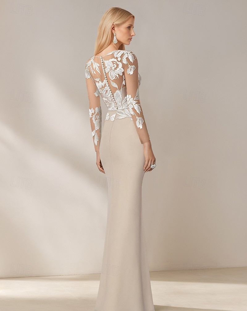 Meerjungfrau  Trompete Mutter der Braut Kleid Elegantes Einfach Bootsauschnitt Floral Bestickte Spitze Bodenlänge Chiffon Lange Ärmel mit Kristallgürtel 2025 - $149.99 –P2