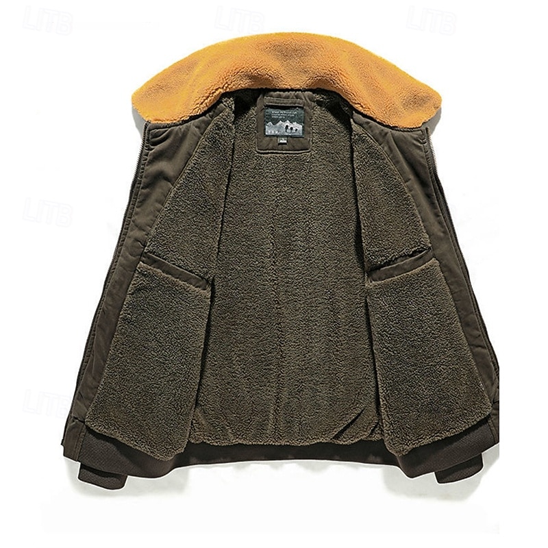 Men's Winter Jacket Bomber Jacket Fleece Jacket Vacation Daily Thermal Warm Pocket Fleece Winter Plain Fashion Streetwear Lapel Regular Black Khaki Army Green Jacket 2026 - $57.99 –P6