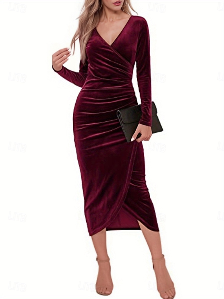 Dames Halflange jurk Kerstjurk Fluwelen Jurk Cocktail jurk Elegant Stijlvol Sexy Avond Feest Normale pasvorm Effen Lange mouw V-hals Zwart Wijn Koningsblauw Donkergroen Lente Herfst 2025 - $28.99 –P5