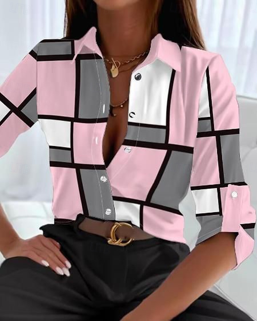 Dame Skjorte Arbeidsskjorter Grafisk Geometrisk Elegant Stilfull Fritid Langermet Skjortekrage Vanlige topper Arbeid Festkveldsklær Daglig Glimmer Hvit Rosa Blå Grønn Vår, Høst, Vinter, Sommer 2025 - $35.99 –P4