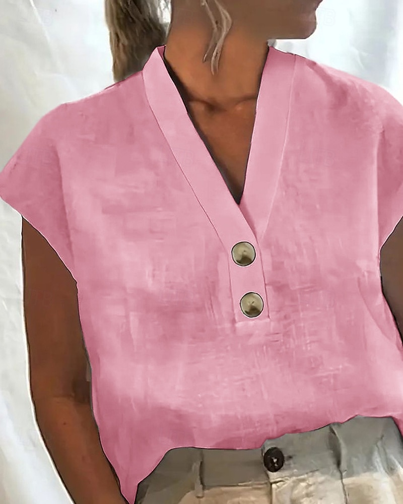 Dame T skjorte عادي Fritid Kortermet V-hals Vanlige topper Daglig Helg Knapper Hvit Rosa Grønn Lyseblå Sommer 2025 - $21.99 –P2