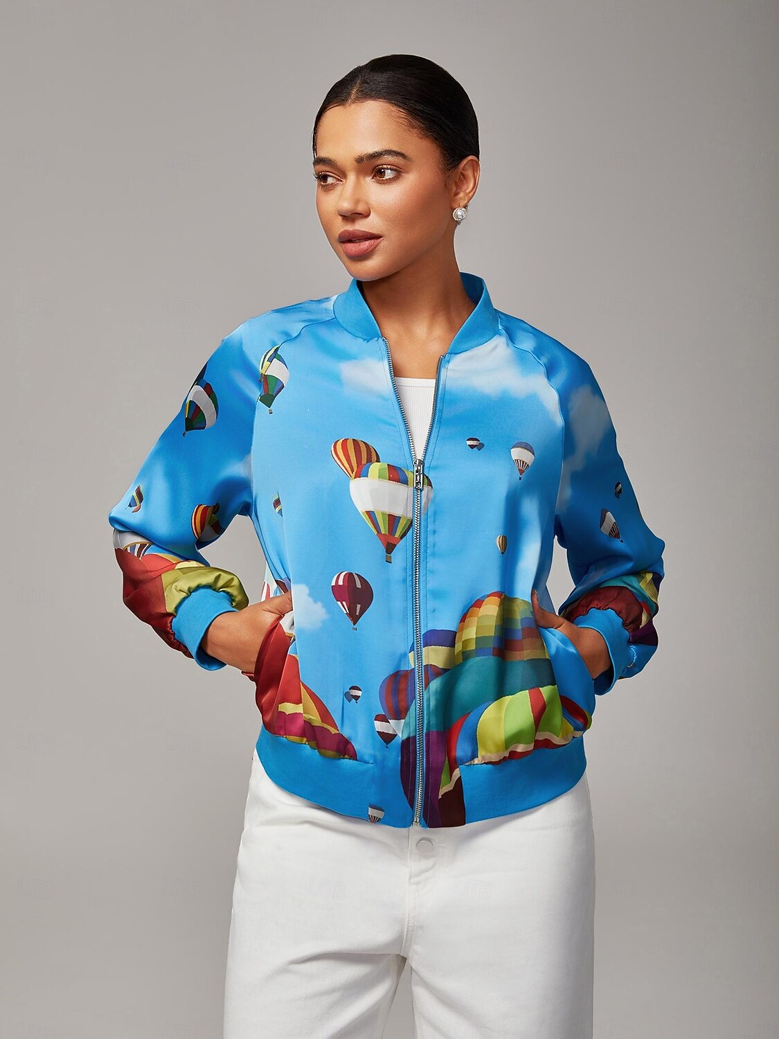 Giubbotto bomber da donna con stampa a mongolfiera, collo a coste, foderato, elegante, casual, da indossare tutti i giorni, da lavoro, autunno del 2025 a $78.99 –P5