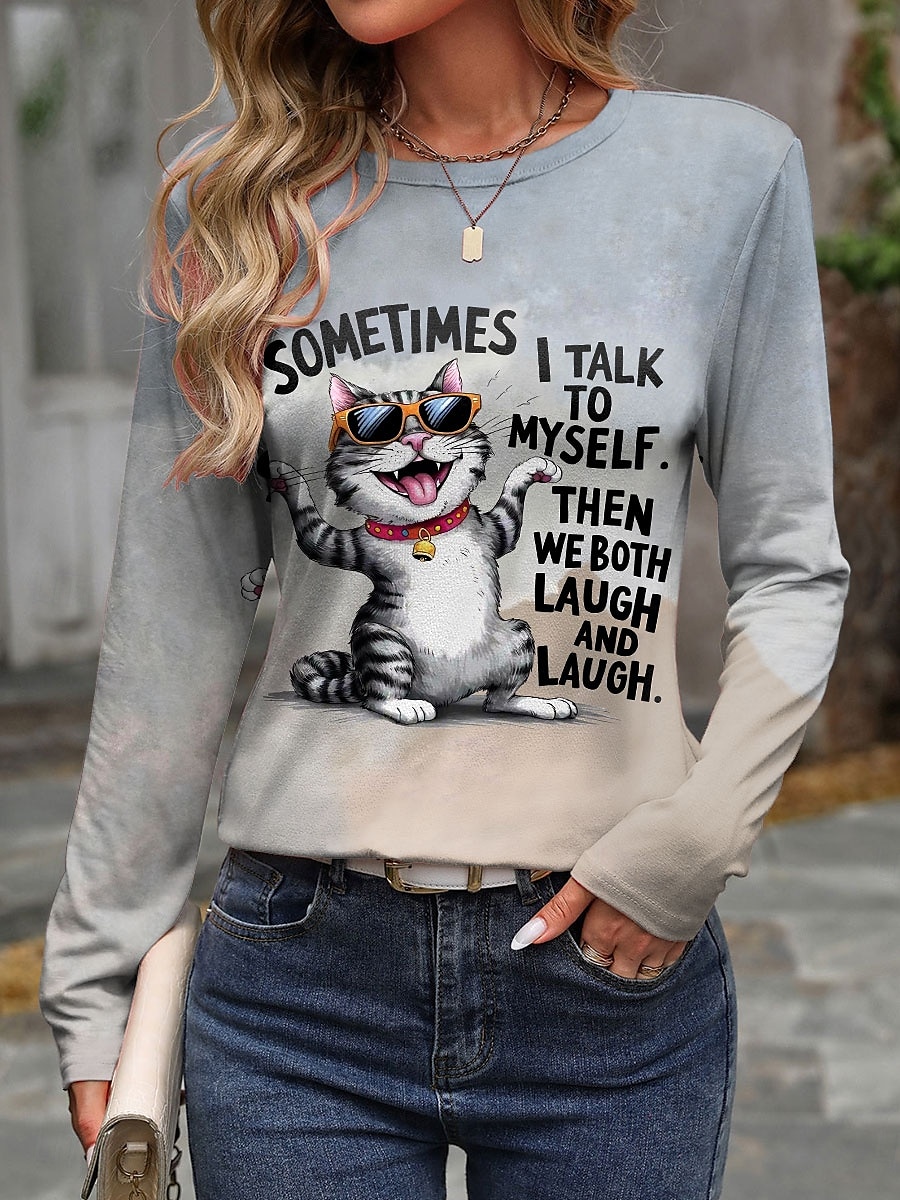 T-shirt da donna a maniche lunghe grafica animale gatto vintage moda elegante a maniche lunghe a collo rotondo regolare top quotidiani stampa grigia primavera autunno pre-autunno del 2026 a $24.99 –P1