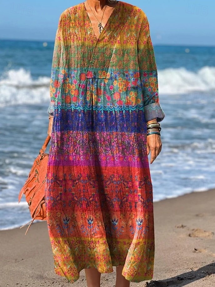 Femmes Robe maxi Robe d'Été Robe trapèze Vacances Occasionnel Boho Soirée Fête Plage Coupe Ample Fleuri Graphique Géométrique manche longue Col en V Jaune Rouge Fuchsia Orange Été Printemps Automne de 2025 ? $35.99 –P3