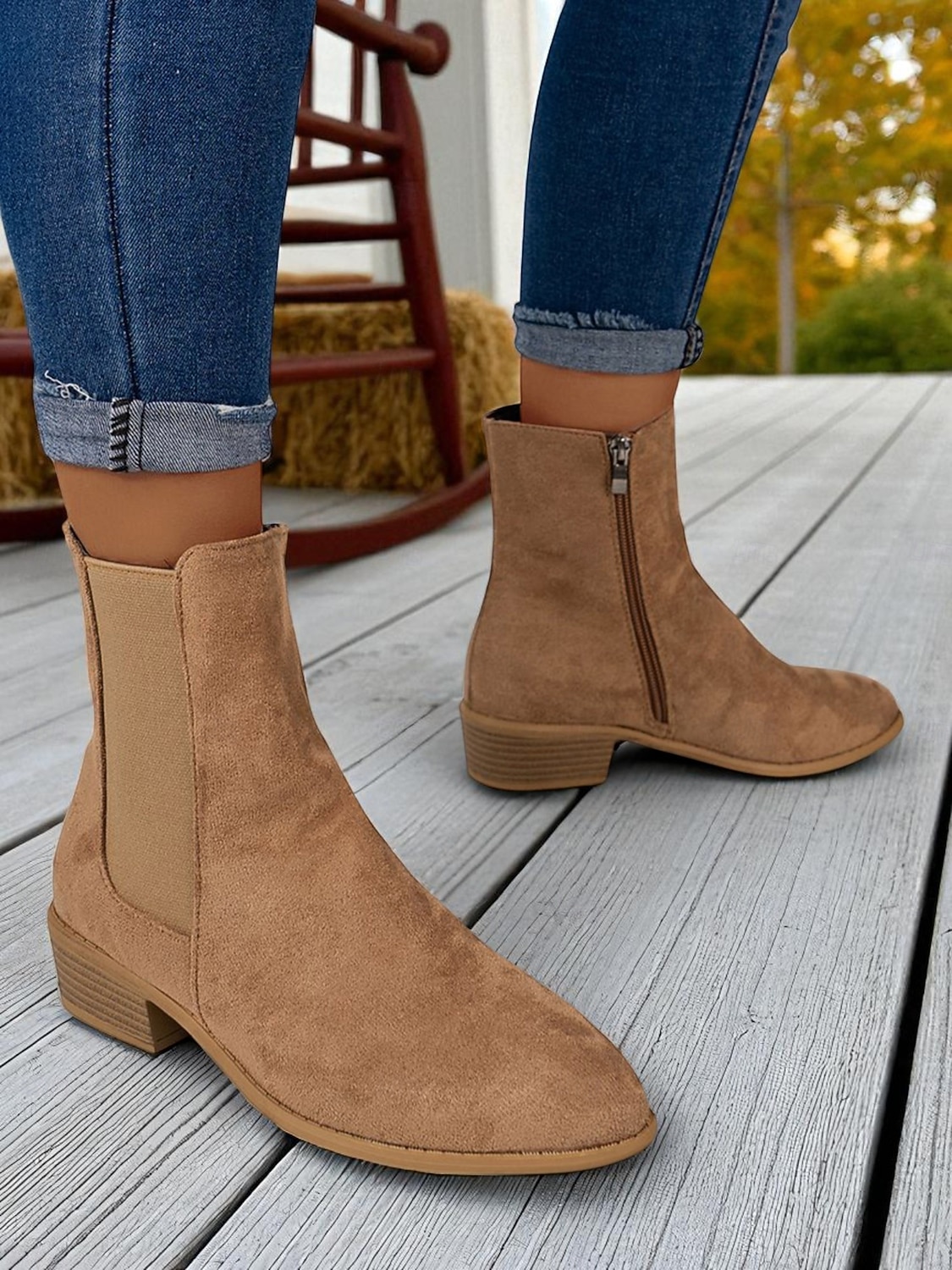 Γυναικεία μποτάκια chelsea από τεχνητό σουέτ – με φερμουάρ στο πλάι και ελαστικό πάνελ, μπότες chelsea με χαμηλό τακούνι για φθινοπωρινές βόλτες, ψώνια και χαλαρές εξόδους 2026 - $34.99 –P4