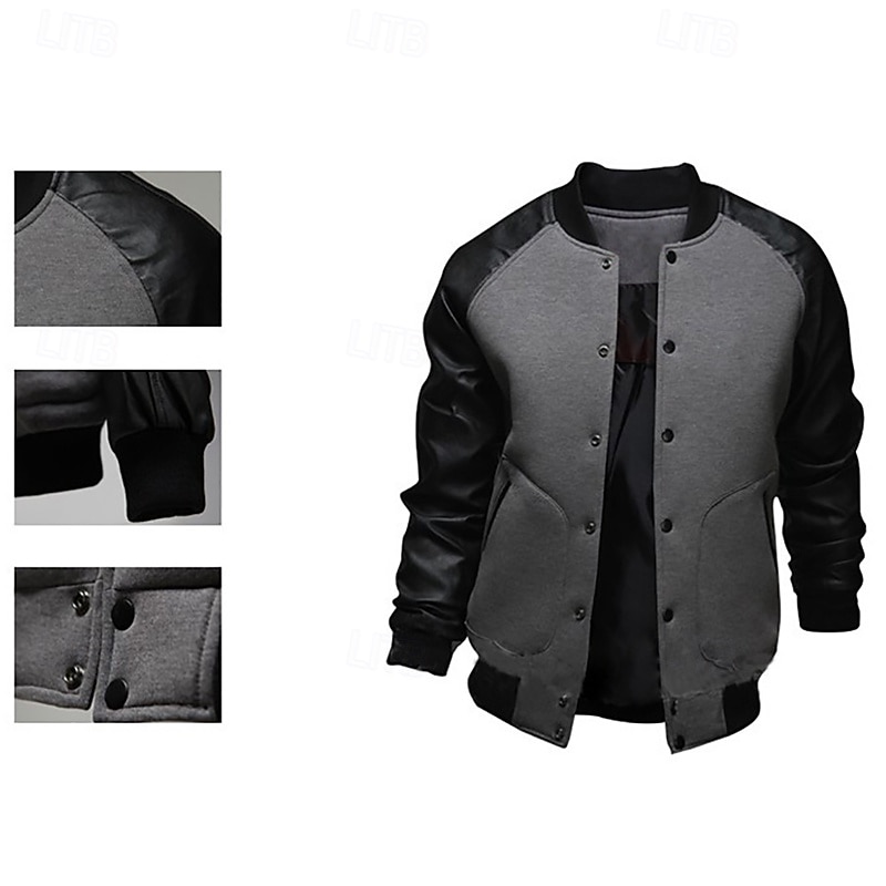 Herren Bomberjacke übergangsjacke Collegejacke Training Urlaub Lederärmel Frühling Herbst Einfarbig Basic Regulär Schwarz Weiß Hellgrau Dunkelgray Jacken 2025 - $26.99 –P1