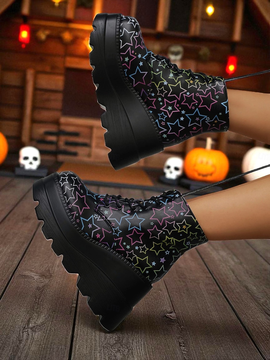 Botas femininas pretas plataforma com cadarço e caveira - botas góticas de cano curto com sola grossa para festas de outono, cosplay e dia dos mortos de 2025 por $34.99 –P3