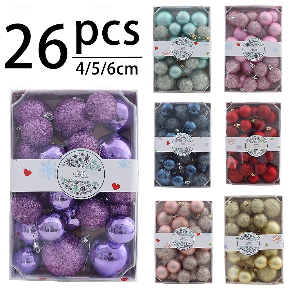 26 db-os karácsonyfa gömbdíszek, törésálló, függő dekorációs készlet karácsonyfára 4cm 5cm 6cm vegyes méretű színes ünnepi partidekoráció 2025 - $14.49 –P1