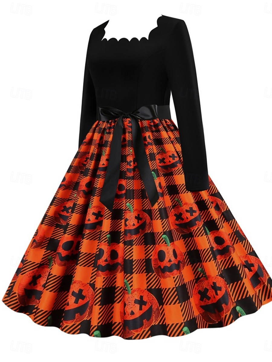 Halloween Femmes Robe Midi Robe trapèze Occasionnel Quotidien Fête Coupe régulière Potiron manche longue Col carré Jaune foncé Noir Jaune Orange Été Printemps Automne de 2025 ? $29.99 –P6