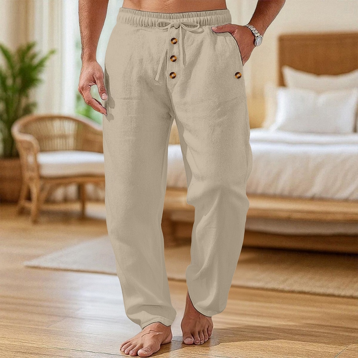 Men's Linen Pants Trousers Summer Pants Baggy Pants Beach Pants Drawstring Elastic Waist Buttons Plain Comfort Breathable Full Length Casual Daily Home Vacation Fashion Loose Fit Black White 2026 - $24.99 –P7
