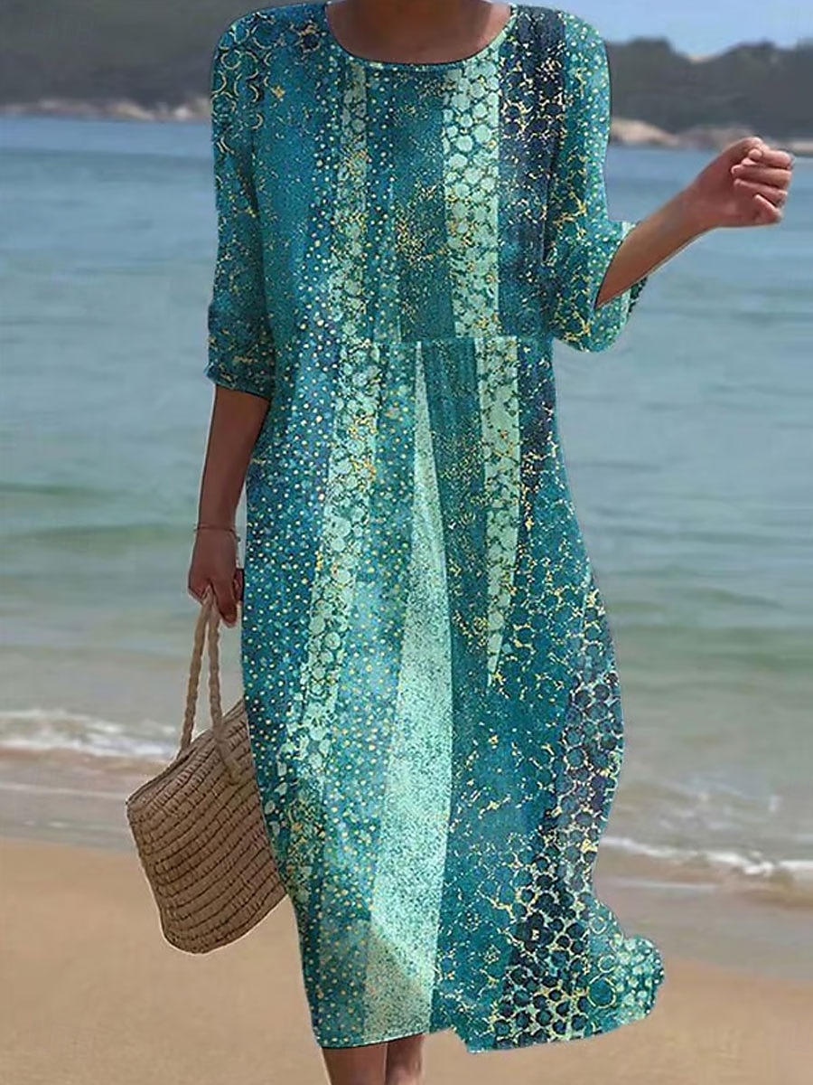 Dámské maxi šaty kaftan s 3/4 rukávy kulatým výstřihem volnočasové šaty A-linie boho pravidelný střih grafické geometrické abstraktní bílé žluté modré oranžové jaro podzim 2025 - $41.99 –P5