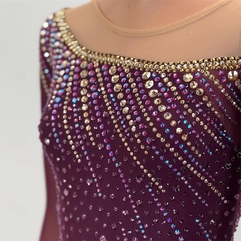Kunstschaatsjurk Dames Voor meisjes Schaatsen Jurken Bordeaux Lapwerk Open achterkant Netstof Spandex Hoge Elasticiteit Opleiding Wedstrijd Kunstschaatskleding Klassiek Kristal / Bergkristal Lange 2026 - $298.59 –P4
