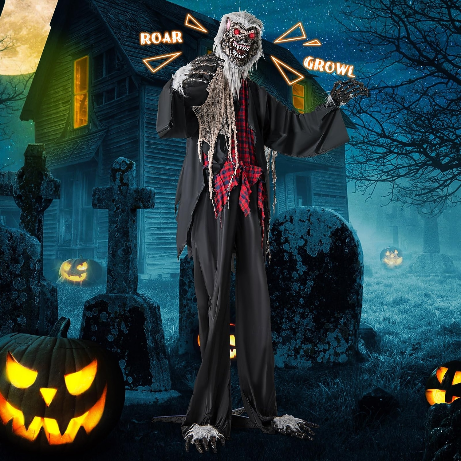 Halloweenská animatronika, zvukem aktivovaný vlkodlak se zářícíma očima a děsivými zvuky, obří animovaná venkovní halloweenská dekorace, pánský doplněk 2025 - $251.09 –P2