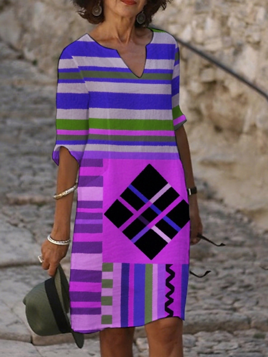 Femmes Robe Midi Robe Décontractée Robe Imprimée ancien Quotidien Plage Week-end Coupe régulière Géométrique Bloc de Couleur Manche 3/4 Col ras du cou Jaune Violet Fuchsia Orange Été Printemps Automne de 2025 ? $21.99 –P3