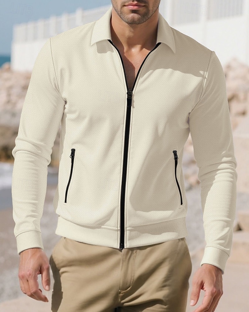 Homens jaqueta leve Jaqueta Waffle Jaqueta casual Férias Diário Respirável Bolsos Primavera Outono Tecido Moda Clássico Lapela Padrão Preto Branco Azul Royal cáqui Cinzento Casaco de 2026 por $21.99 –P18