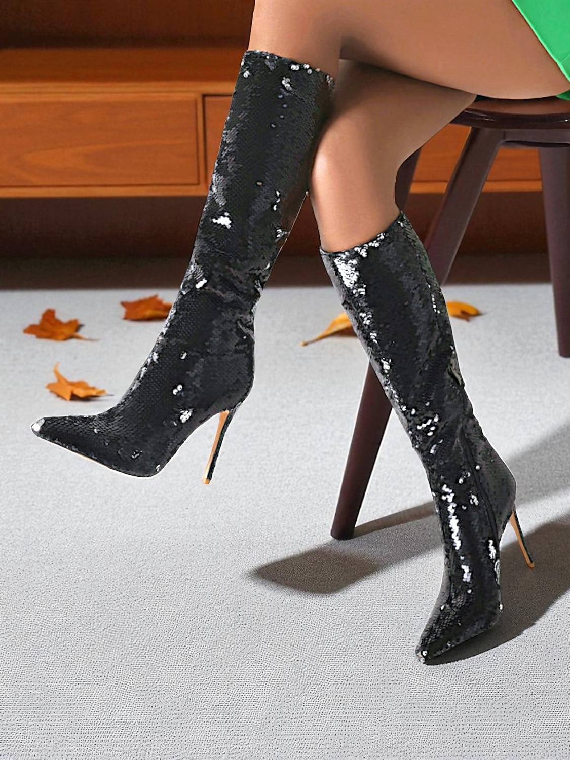 Botas femininas de cano alto com lantejoulas - botas de festa com salto agulha brilhante para mulheres, calçados da moda glamorosos para boates, apresentações no palco e trajes de noite de 2025 por $94.99 –P1